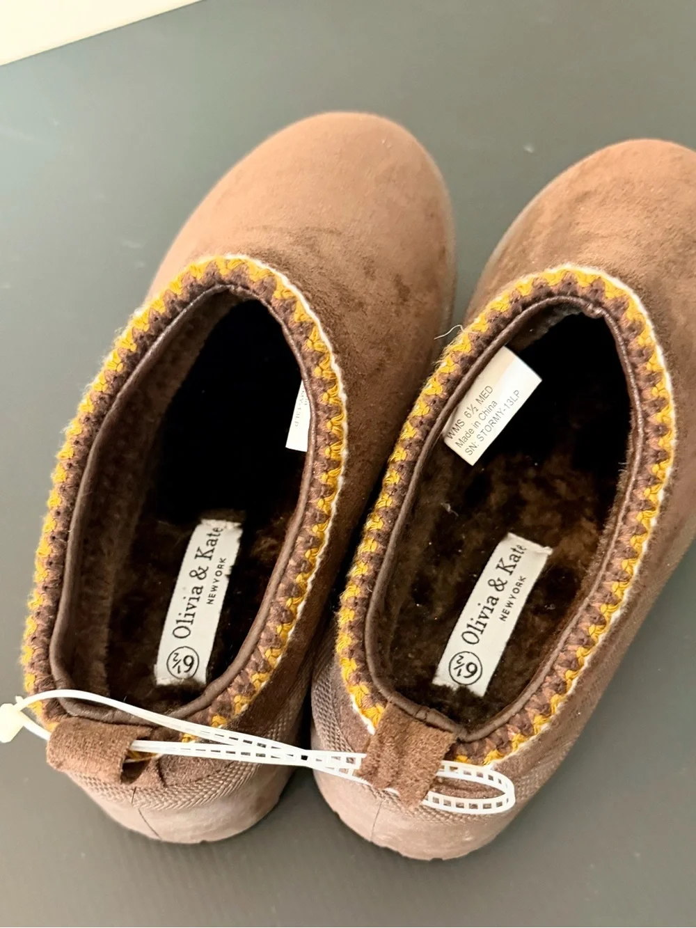 Olivia & Kate Brown Suede Platform Slip-On Slippers Contrast Stitching Size 6.5